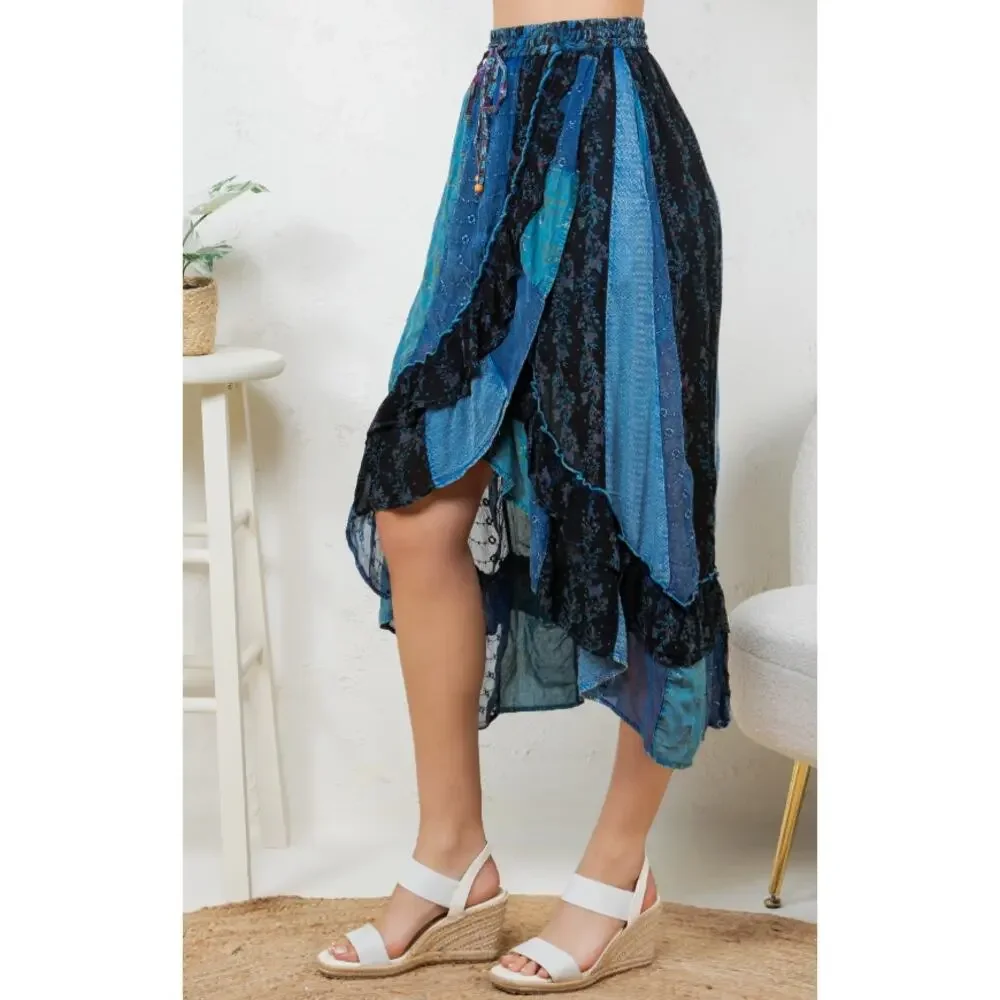 Young Threads Indigo Blue Patchwork Ruffle Wrap Midi Skirt XL - Coastal Boho